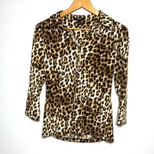 Alfani Blouse Womens PS Leopard Animal Print Pullover Long Sleeve Collared Shirt